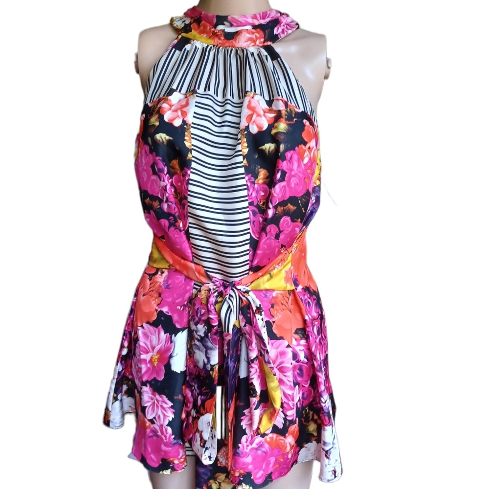 Etcetera Womens Silk Halter Top Multicolor Floral Ribbon Belt Long Size Small - Picture 5 of 9